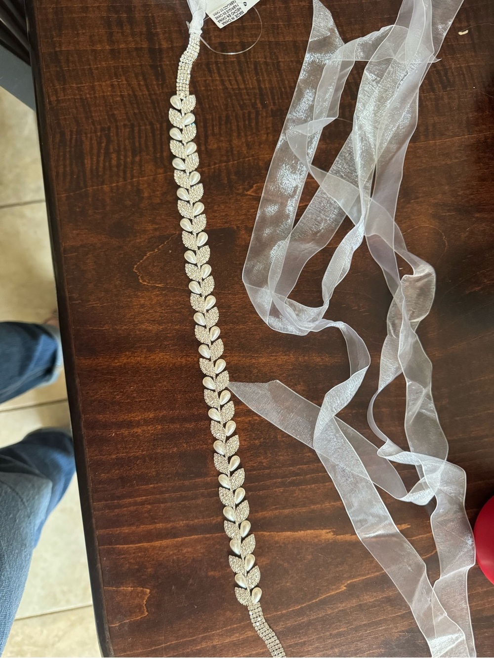 David’s Bridal - Pearl and Pave Crystal Laurel Leaves Sash Bel with Sheer Ribbon